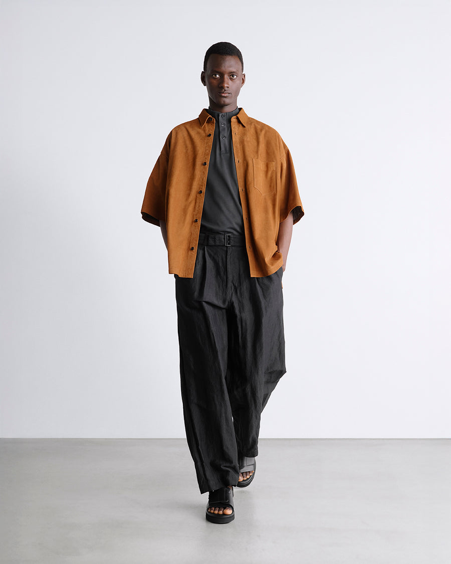 SALE- Cow Nubuck Leather S/S Oversized Regular Collar Shirt