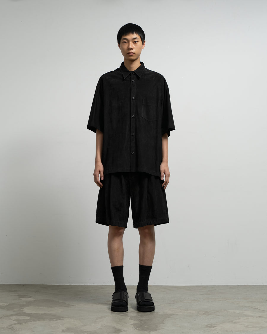 SALE- Cow Nubuck Leather S/S Oversized Regular Collar Shirt
